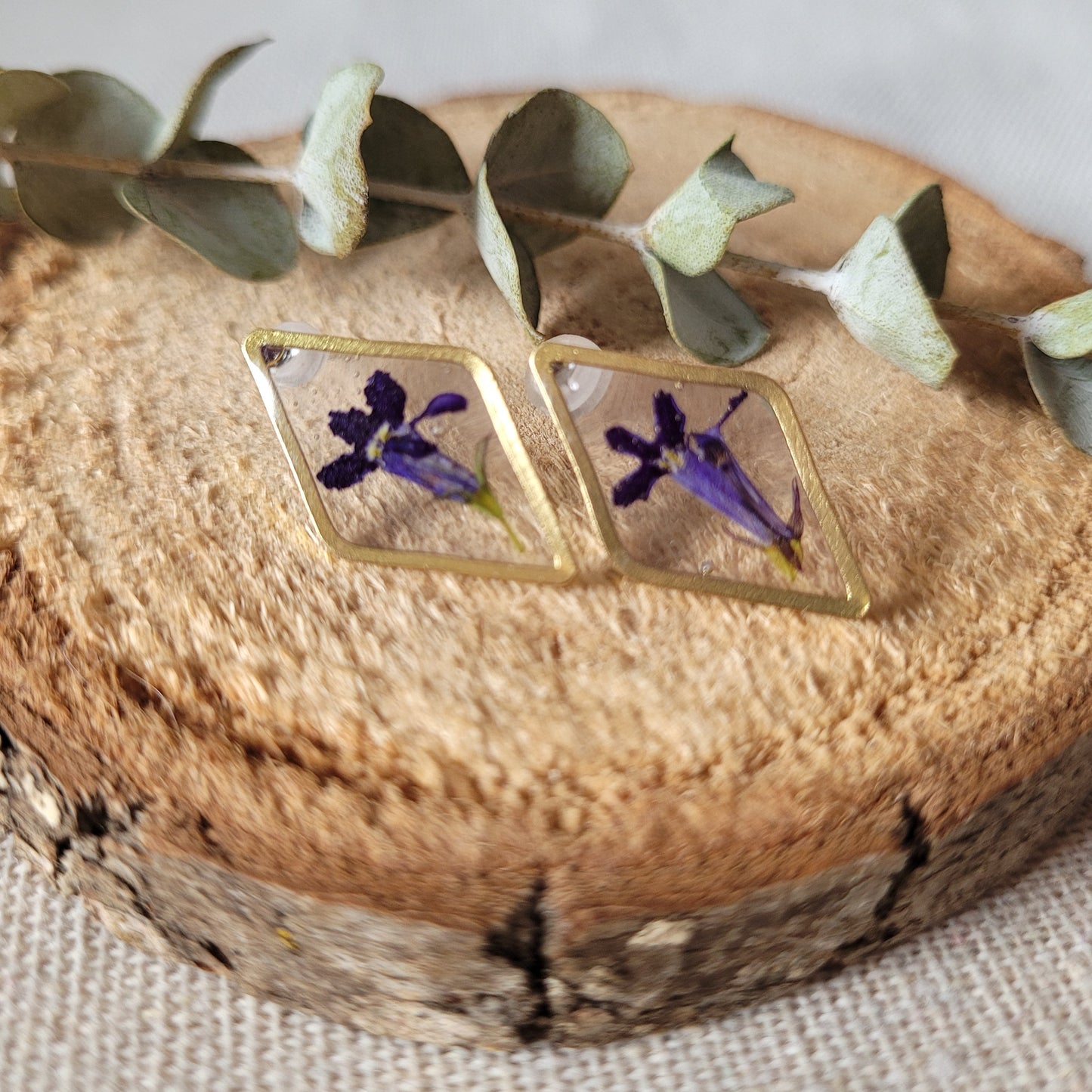 Small Blue Flower Brass Stud Earrings