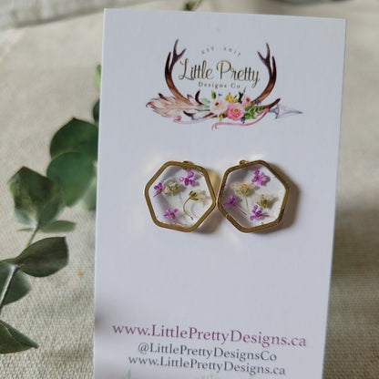 Pressed Flower Brass Stud Earrings