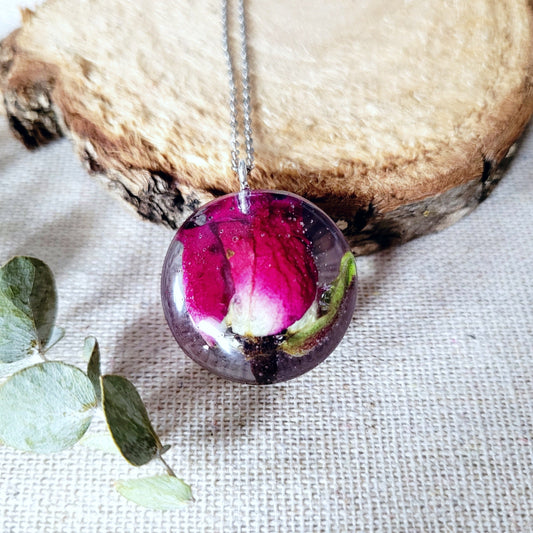 Pressed Rose Flower Round Necklace