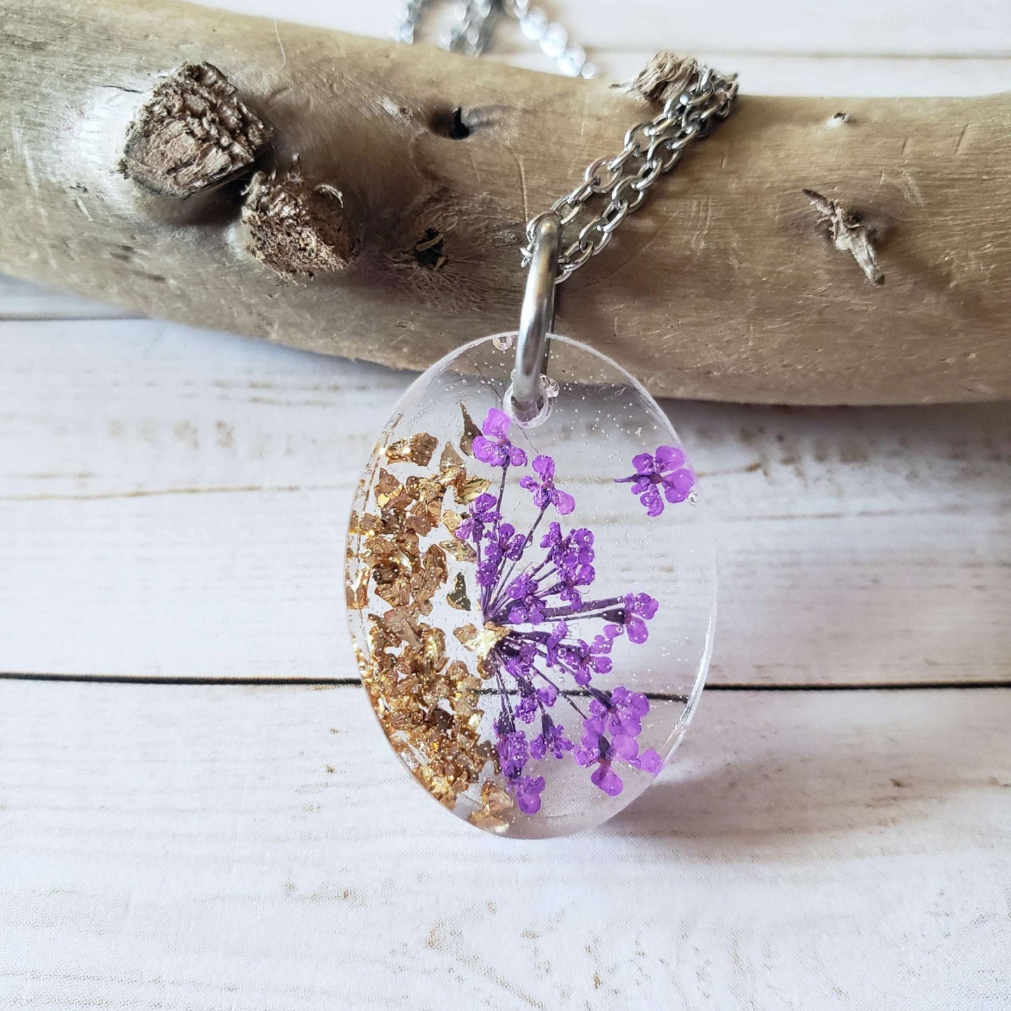 Pressed Queen Annes Lace Resin Necklace::LittlePrettyDesigns