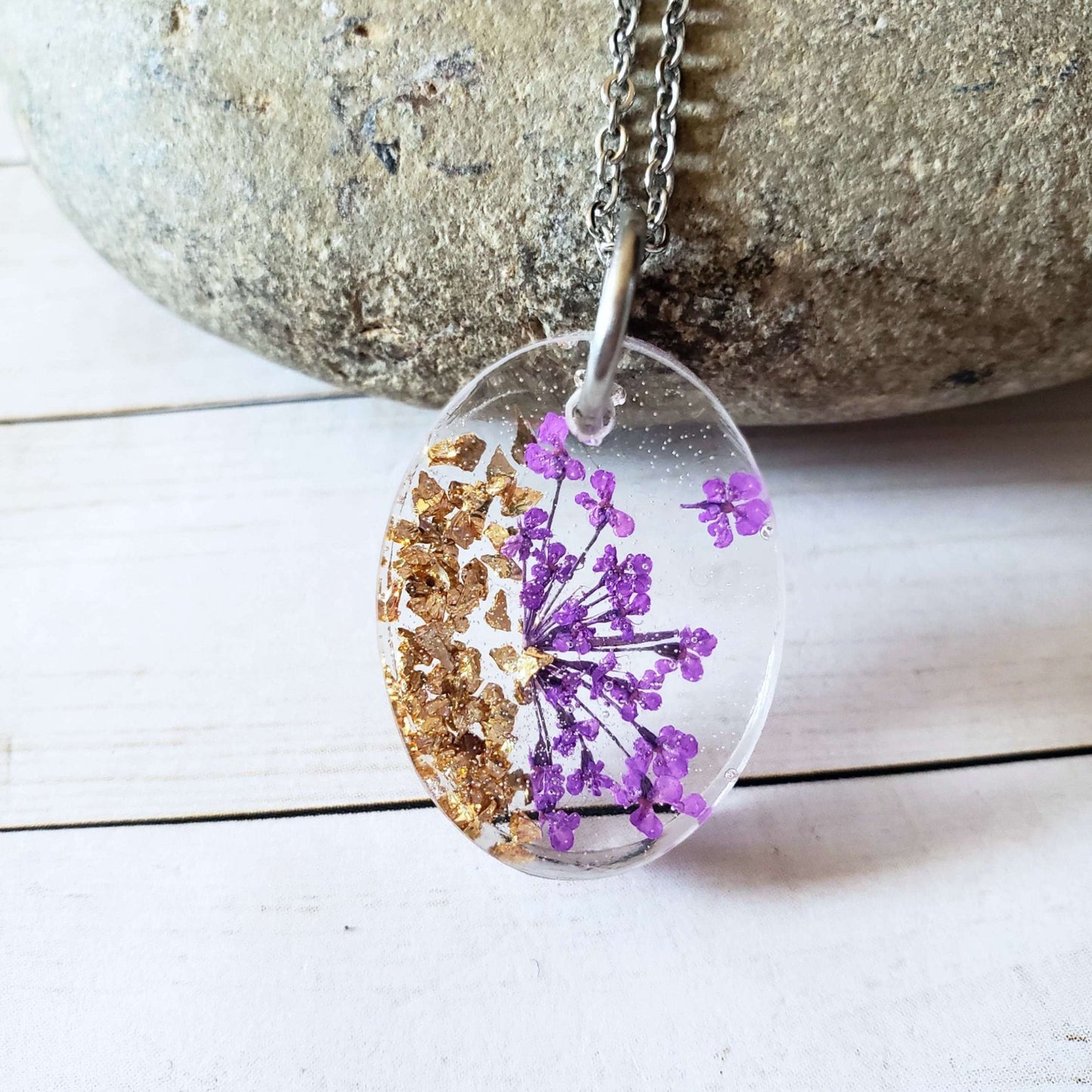 Pressed Queen Annes Lace Resin Necklace::LittlePrettyDesigns